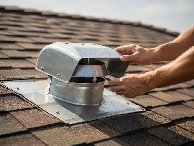 Dartmouth Dryer Vent Cleaning certified technician safely cleaning a roof-mounted dryer vent in Dartmouth