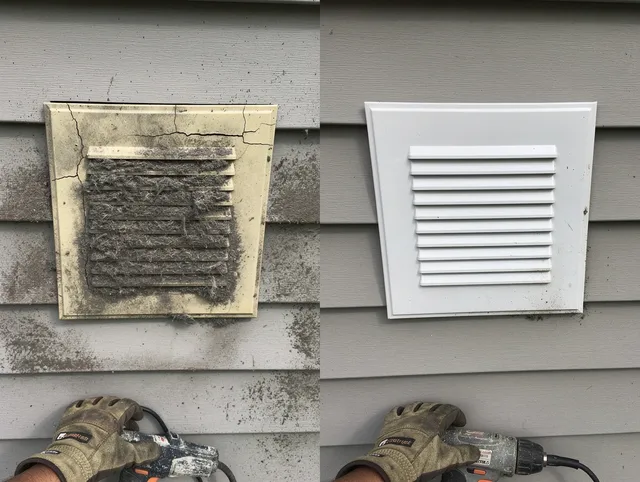Dartmouth Dryer Vent Cleaning technician installing high-quality dryer vent cover at a residential property in Dartmouth