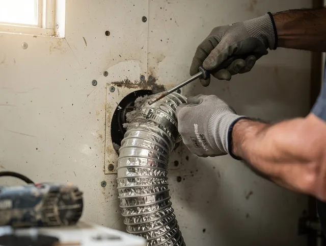 Dartmouth Dryer Vent Cleaning technician performing precise dryer vent hose installation in Dartmouth